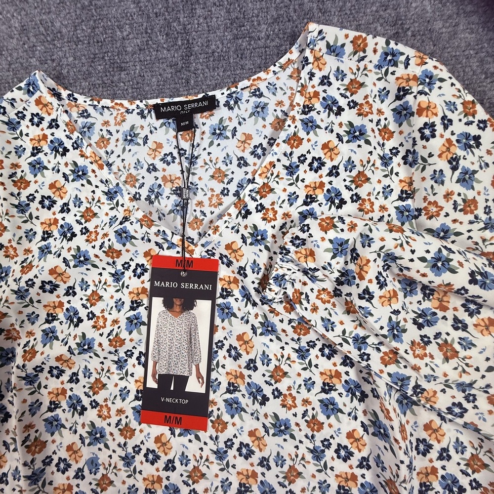 Mario Serrani Blouse Womens Medium Floral V Neck 3/4 Sleeve Lightweight Top